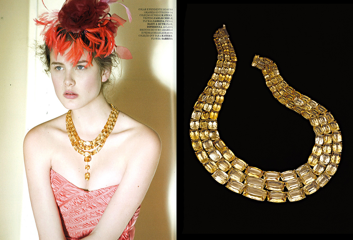 O colar Sunrise de três voltas + pendente iluminou o visual da modelo neste editorial da Vogue, não acham?