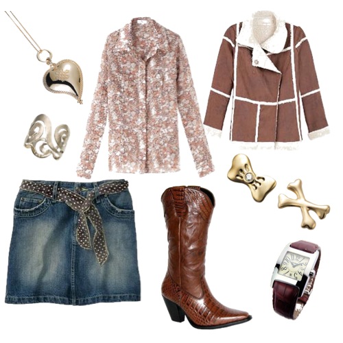 Camisa Têca, saia jeans Leka Salazar, bota estilo country da Marcia Hoffman, casaco da Maria Garcia e brincos MyCollection, anél Grupo Corpo, pendente DVF e relógio Form