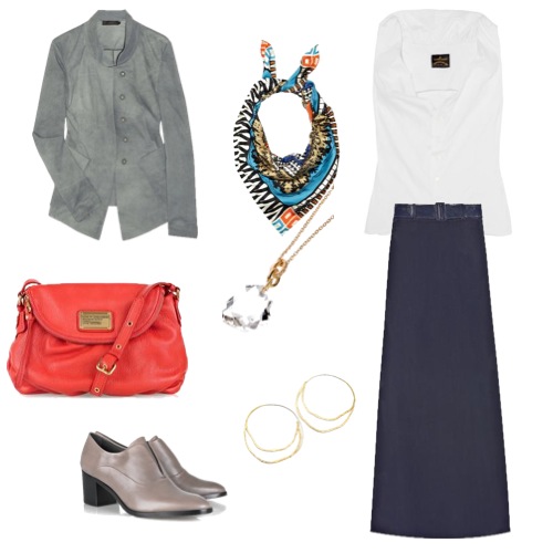 Look Lenços Casaco, lenço Etro, blusa Vivienne Westwood, bolsa Marc Jacobs, pendente DVF, saia Richard Nicoll, sapato Reed Krakoff e brincos Oscar Niemeyer.