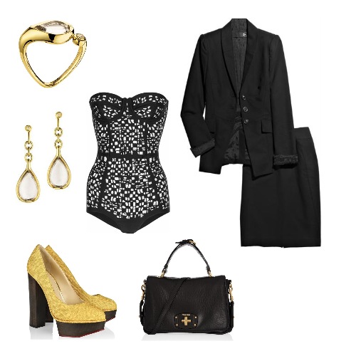 Look grafismo Conjunto Just Cavalli, corpete Willow, scarpins Charlotte Olympia Bebel. bolsa Miu Miu, brincos e anel DVF