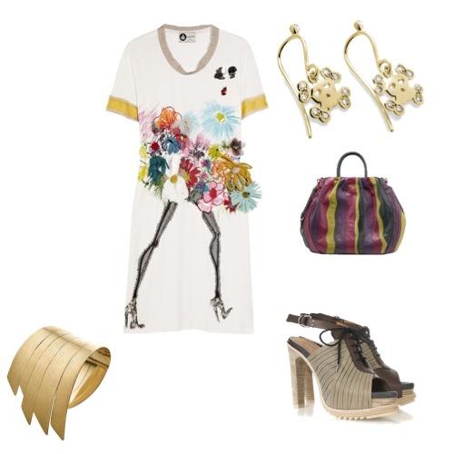 Look camisetas Vestido camiseta Lanvin, sandálias Rag & Bone, bolsa Prada, brincos MyCollection e bracelete Ancient America